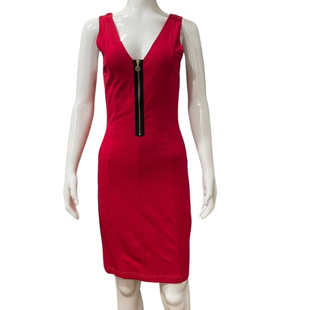 Y2K Red Dress Deep V Neck Sleeveless Bodycon Size XS Gold Zip Front Lynn Ritchie
